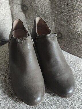 Dansko Taupe Gray Leather Ankle Booties with Stacked Heel And Side Zipper